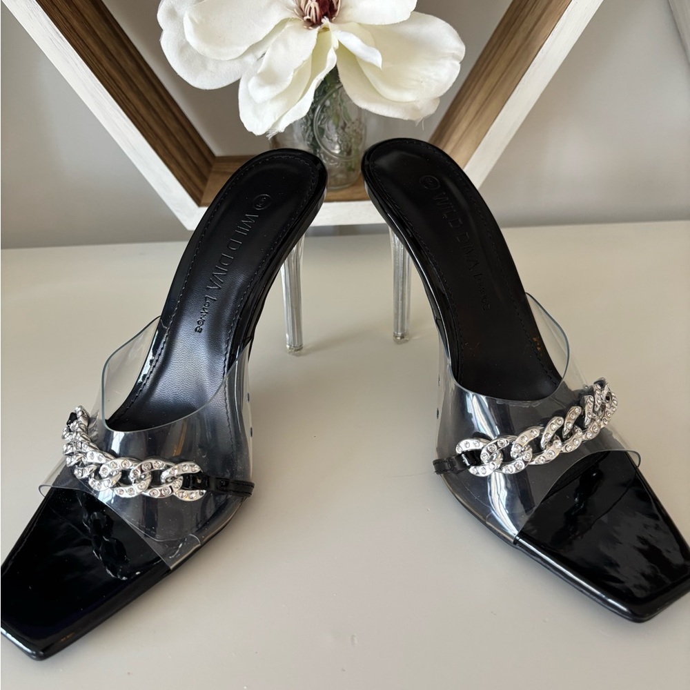 Unique, Sexy patent leather clear mules with rhinestone detail. Size 6.